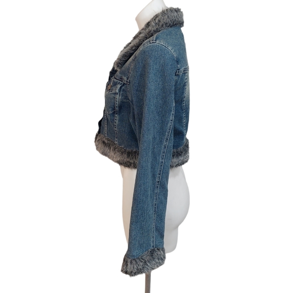 Americana Blues Denim Crop Jean Jacket Faux Fur Details Size L - Picture 2 of 9